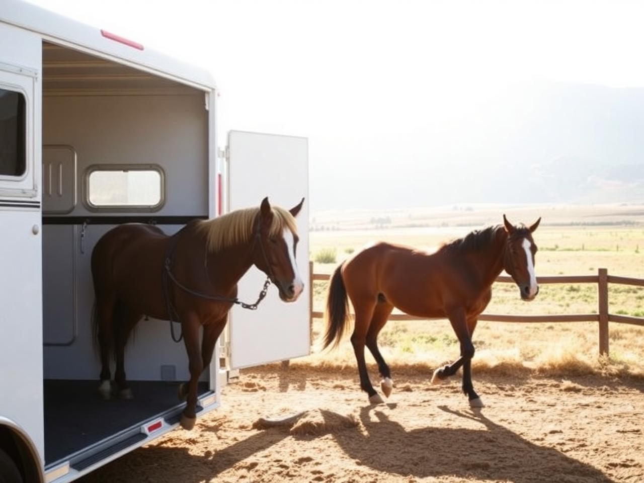 Horses being loaded into a trailer at a Colorado ranch